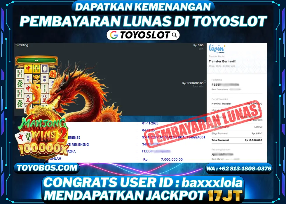 TOYOSLOT - BUKTI KEMENANGAN Mahjong Wins 2 Rp17,000,000,- LUNAS